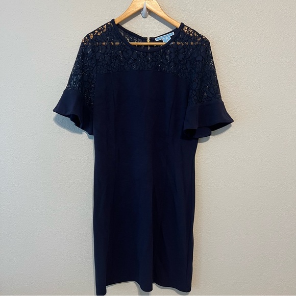 Draper James Navy Blue Lace Yoke Flutter Short Sleeve Dress L - Picture 4 of 8